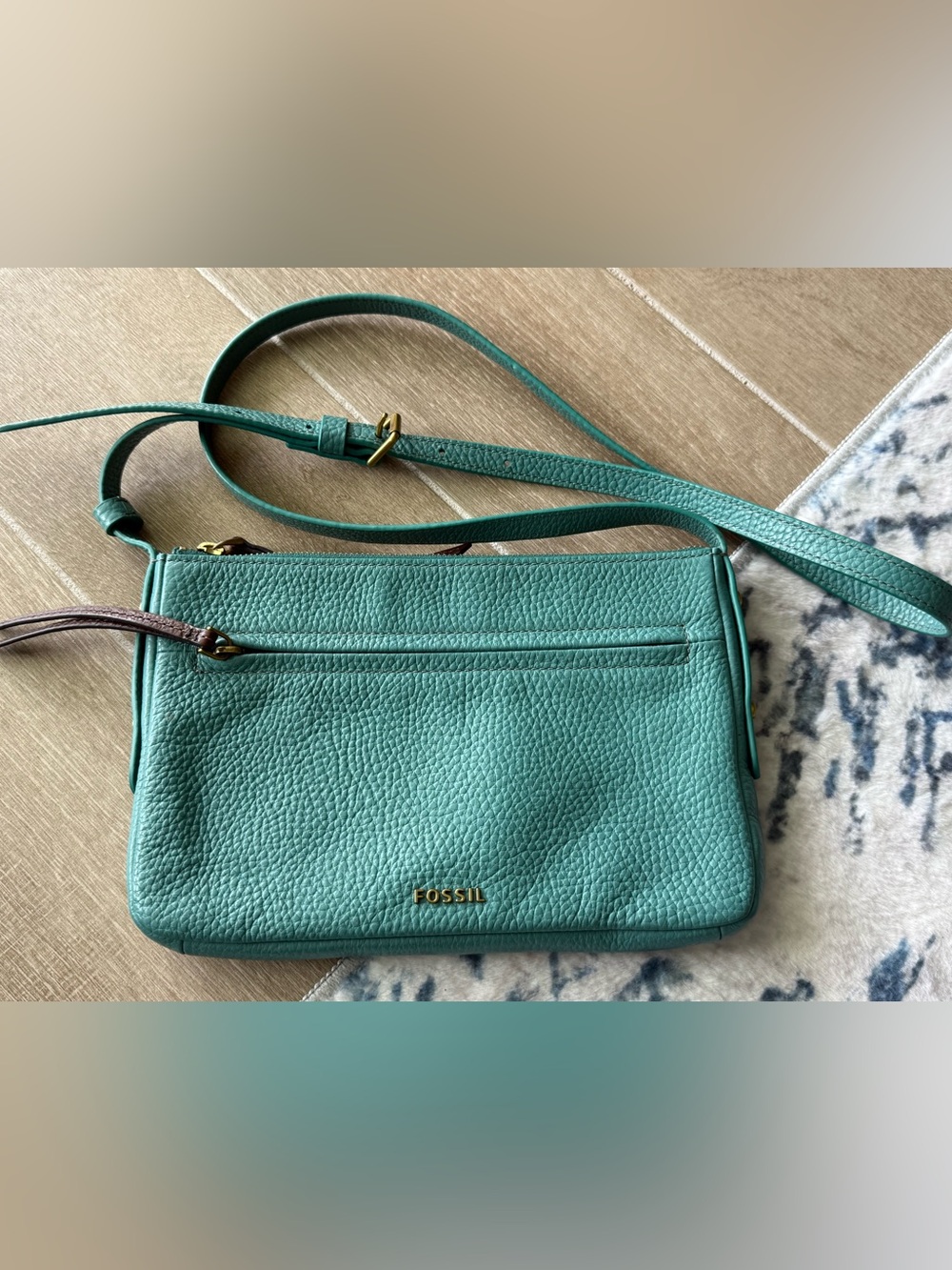 Fossil Teal Pebbled Leather Crossbody with Gold Hardware